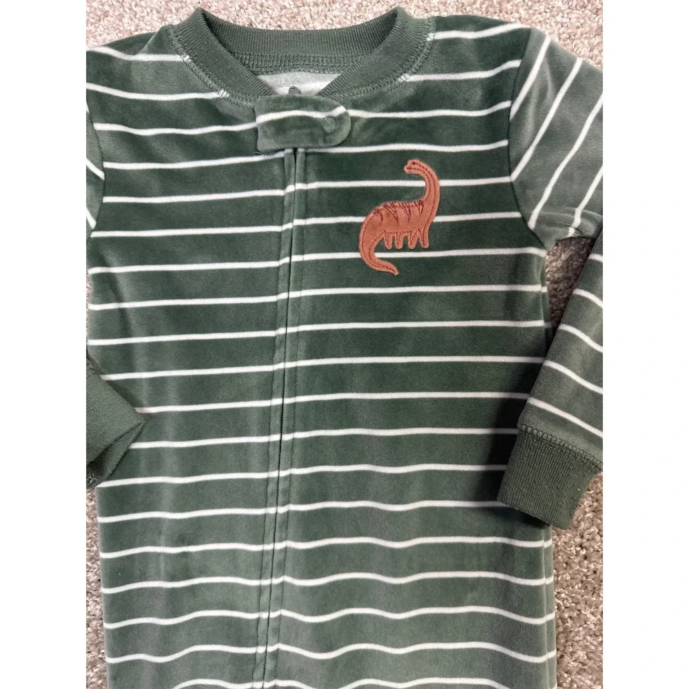 Carters Just One You Baby Boy Green Striped Dinosaur Velour Footed Sleeper 18M